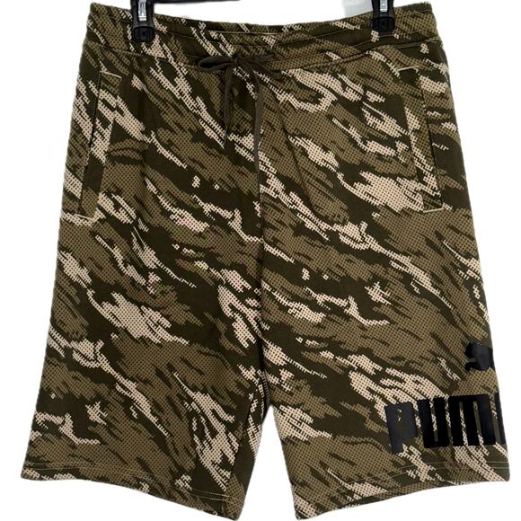 Puma Big Logo Fleece Camo 11" Shorts Drawstring Pockets Green Mens Size Medium - Picture 1 of 9